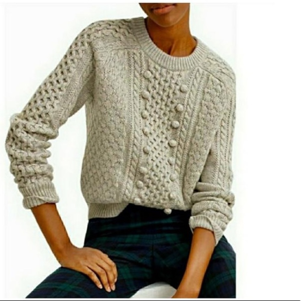 J.Crew Gray Pom Cable Knit Wool Blend Sweater
